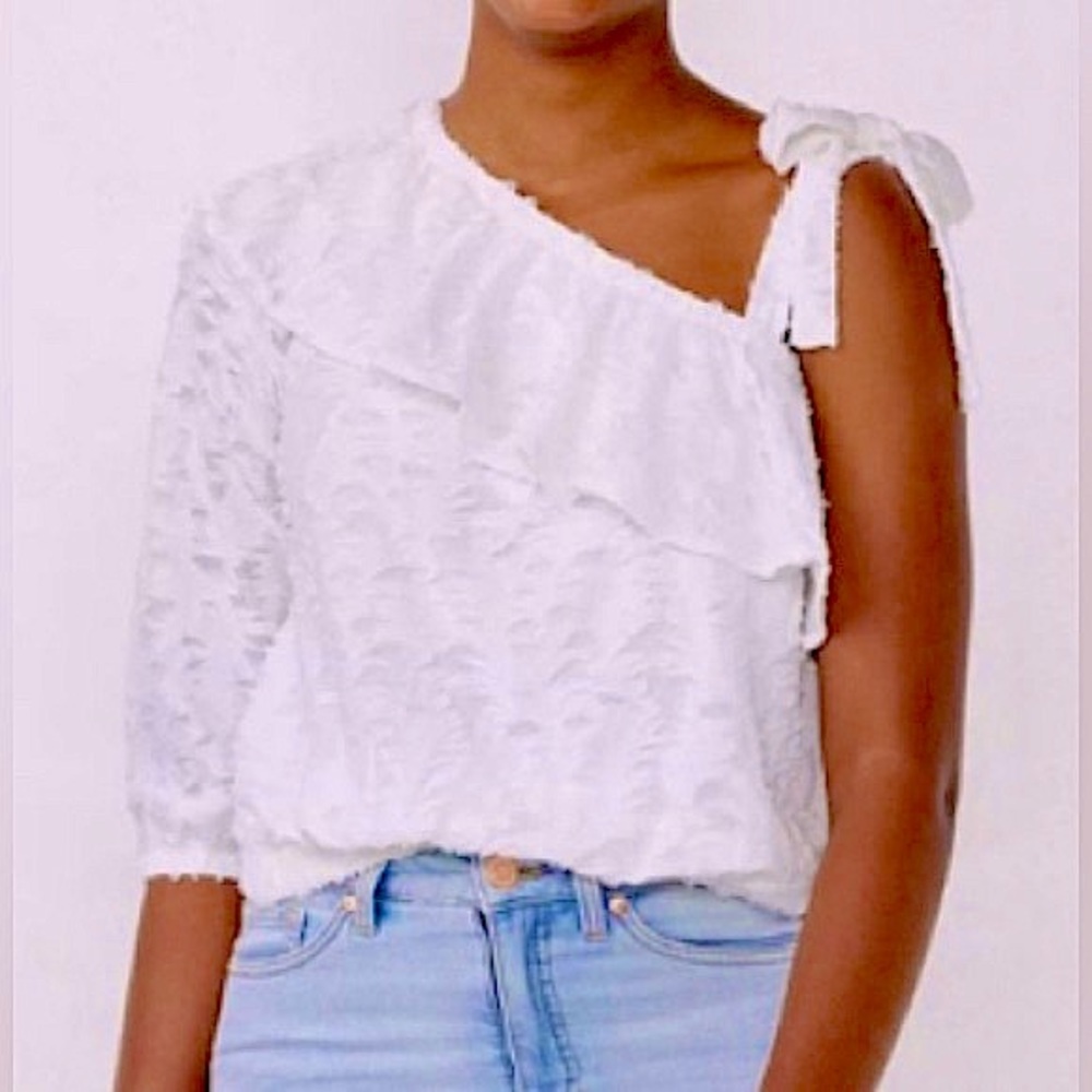 Lauren Conrad White Cold Shoulder Fuzzy Textured Blouse Top - Floral Embossed